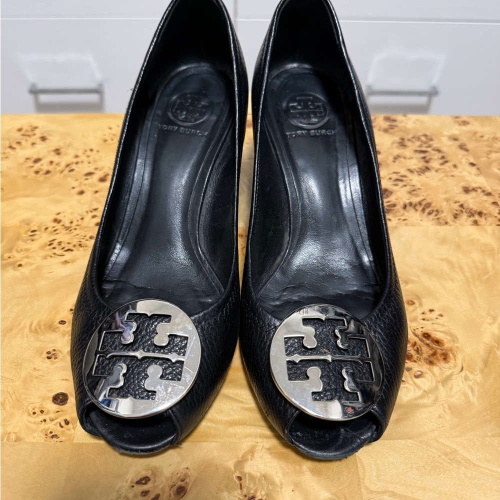 Tory Burch Black Peep-Toe Heels with Silver Logo